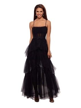 Betsy & Adam Jasmine Black Corset Gown Mesh Formal Elegant, 4